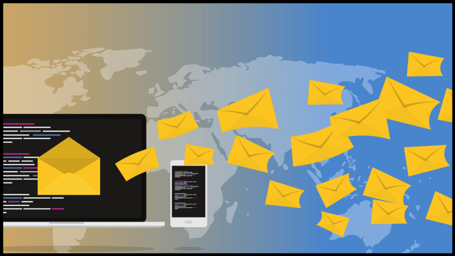 Image of yellow envelopes coming out of a computer and phone and flying across a world map.