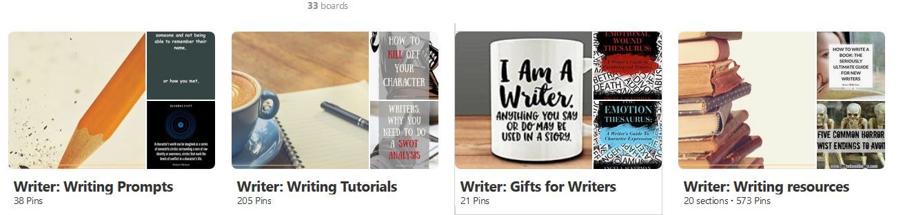 Screenshot of some Writer boards on Pinterest