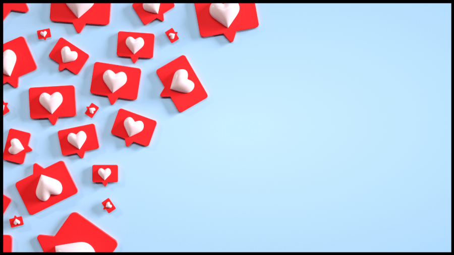 Image of a pale blue background covered in red square speechbubbles each with a white heart in the middle.