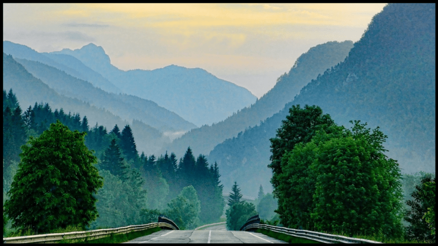 Photo of a road with forests all around.