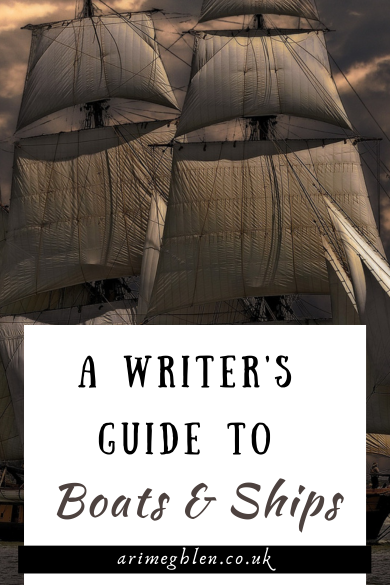 Image of a ship with huge billowing sails, the ship is partly covered by a white box with text that reads A Writer's Guide to Boats and Ships