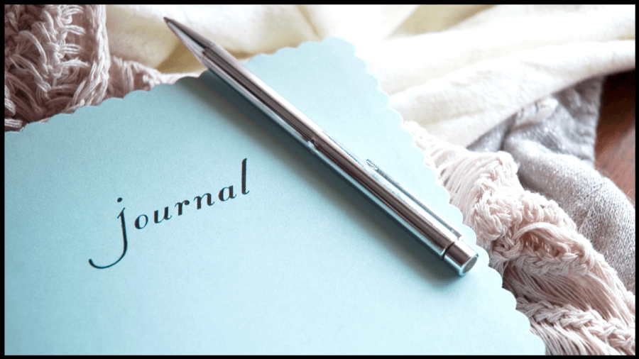 Close up photo of a pale blue journal. The word journal in black is printed on the cover and a silver pen rests on top.