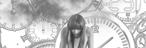 Foreshadowing using worry of future events. Woman looking worried, feeling the panic of time. Image from Pixabay