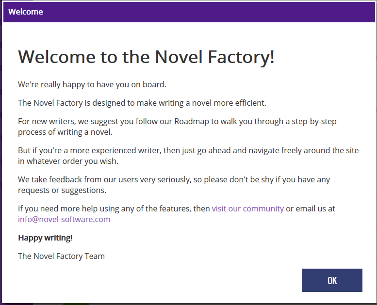 The Novel Factory - Welcome-Message