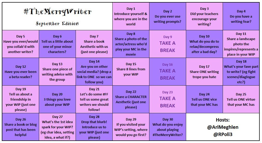 #TheMerryWriter Game Board September 2018