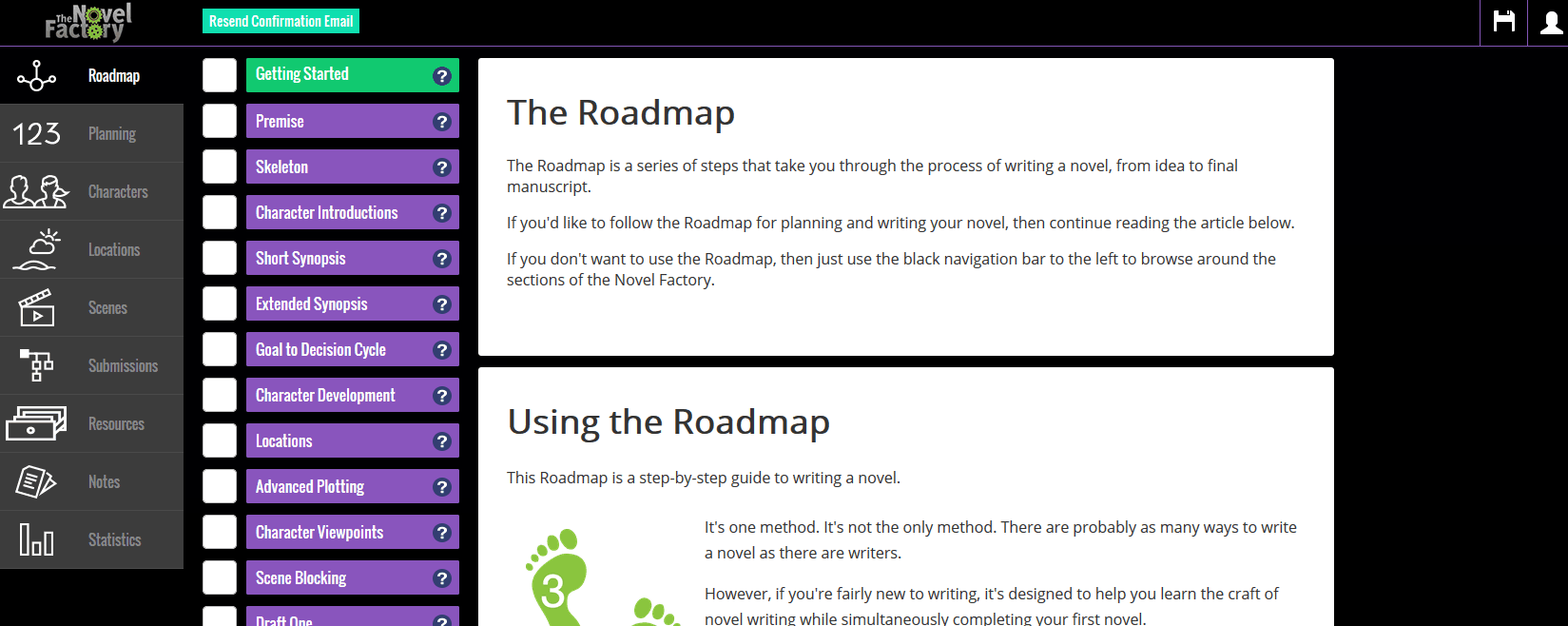 The Novel Factory - Dashboard - Navigation Bar and Work area