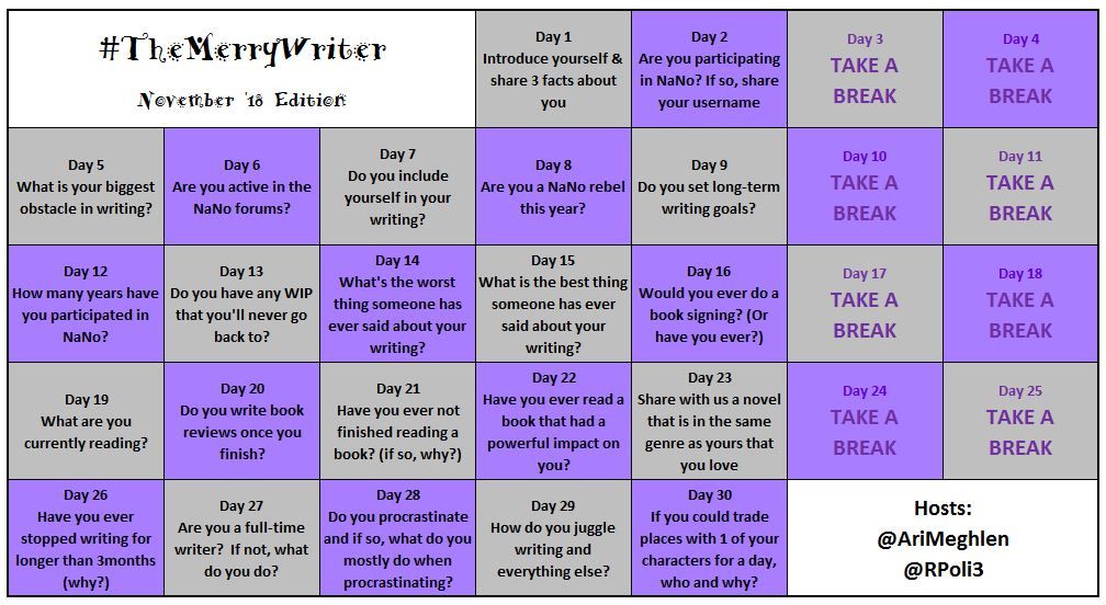#TheMerryWriter Game Board November 2018