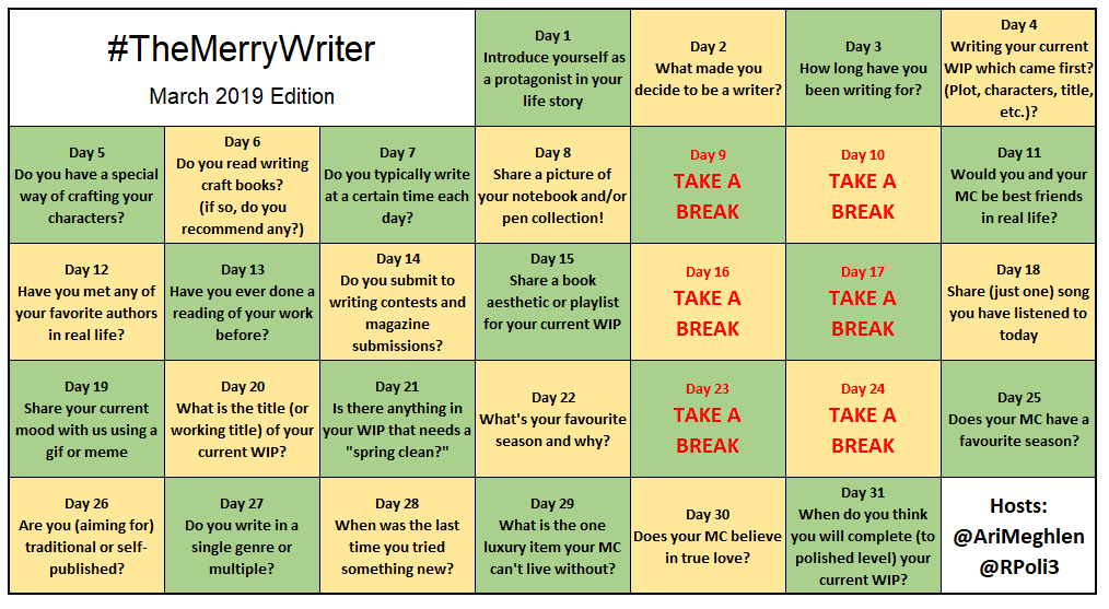 #TheMerryWriter Game Board March 2019