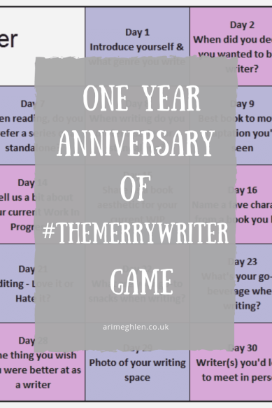 Banner - One Year Anniversary of #TheMerryWriter Game. Created by Ari Meghlen. Twitter Hashtag Game.