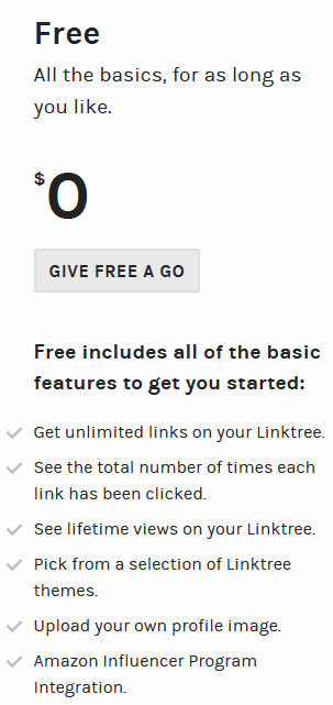 Linktree pricing - Free option