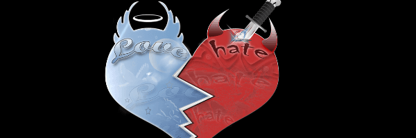 Illustration of a heart made up of two halves.  A pale blue with the words love across it and wings and a halo at the top.  The other half red with the word hate across and horns at the top along with a dagger piercing the heart.  Image from Pixabay