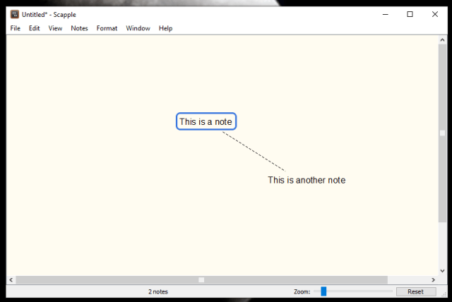 Scapple brainstorming software.  Connecting notes.  Two notes on the screen, joined by a dotted line.