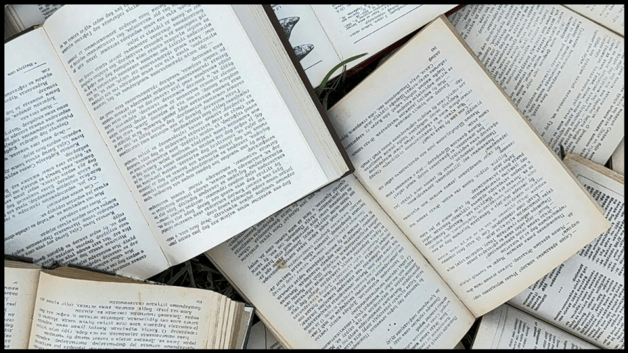 Photo of a pile of books, their pages open.