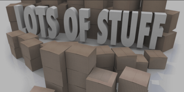 Blog Image - stacks of cardboard boxes with the words Lots of Stuff in the middle. 