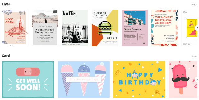 Screenshot of several template options you can create using graphic design Canva including Flyers and Cards