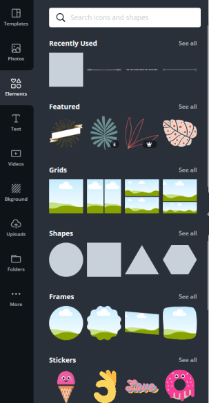 Canva Menu Bar Elements.  Canva supplies everything from grids to shapes, lines, stickers and more for use in your designs
