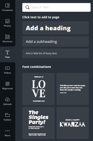 Canva Menu Bar Text options.  Canva supplies a large quantity of different fonts and styles of text.