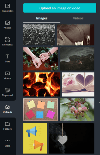 Canva Menu Bar Uploads.  Canva allows you to upload your own images for use in your graphic designs