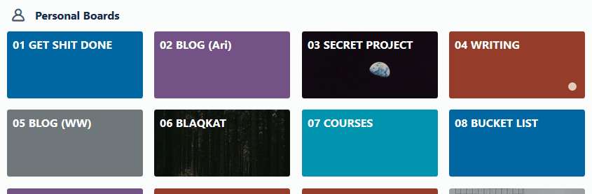 Screenshot of several trello boards