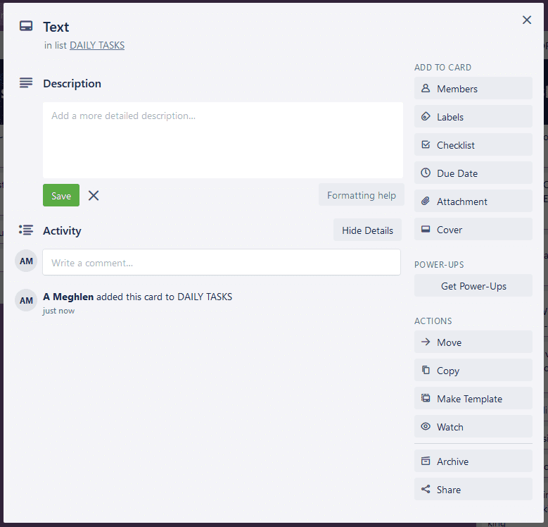 Screenshot of a trello card opened