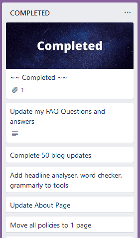 Screenshot of my completed list on trello