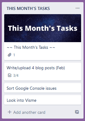 Screenshot of my This Month's Tasks list on trello