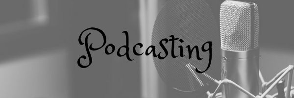 Mini banner for Podcasting. Image of a microphone with podcasting written across.
