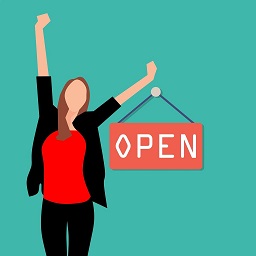 Vector image of a woman with her arms up and an open sign beside her. Image from Pixabay