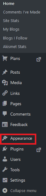 Screenshot of WordPress Admin dashboard sidebar menu with Appearance highlighted