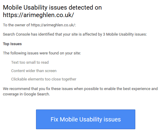 Screenshot of Mobility Usability Issues email stating website had three main issues - text too small to read, content wider than screen, clickable elements too close together.