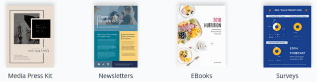 Visme Document Templates.  Media Press Kit.  Newsletters. eBooks. Surveys