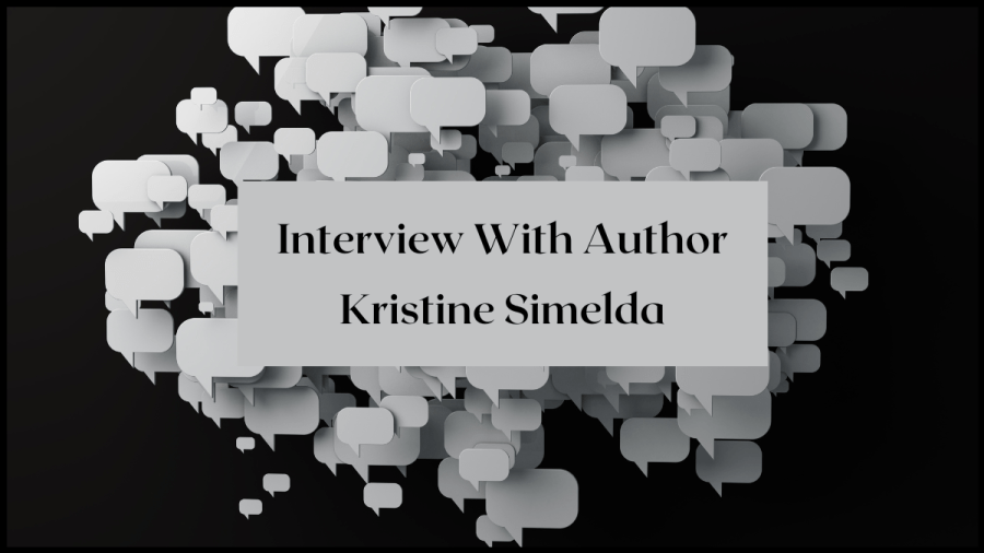 Image of grey speechbubbles floating against black background. Text overlay reads Interview with author Kristine Simelda