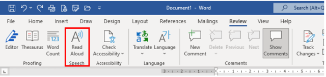 Screenshot of Microsoft Word Ribbon, under the Review tab