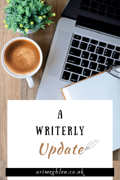 A Writerly Update Quarter 1 | AriMelghen.co.uk. Image of laptop coffee and notepad flatlat - image from Canva
