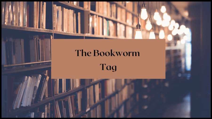 The Bookworm Tag. Image of bookshelves and hanging lights, image from Canva.