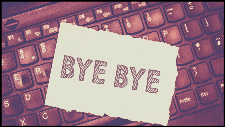 A scrap of paper with the words "bye bye" resting on top of a computer keyboard. Image from Canva Pro