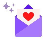 Image of purple envelope, letter inside with a red heart on it,