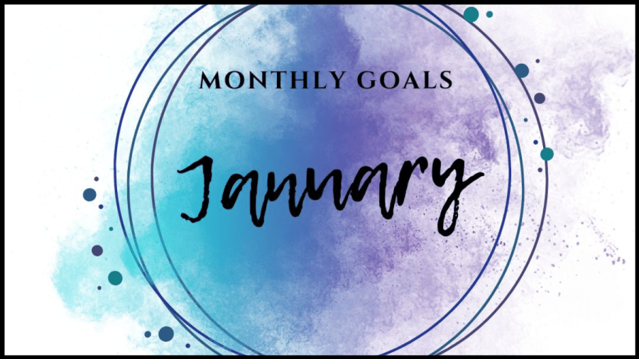Image of blue and purple coloured ink smudged with coloured circles surrounding text that reads: Monthly goals January