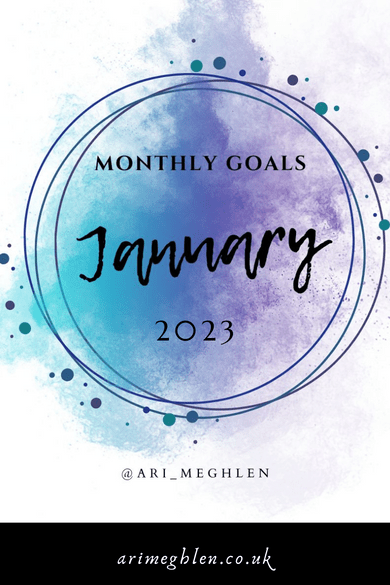 Image of colour ink in blue and purple smudged with text overlay: Monthly Goals January 2023. Arimeghlen.co.uk