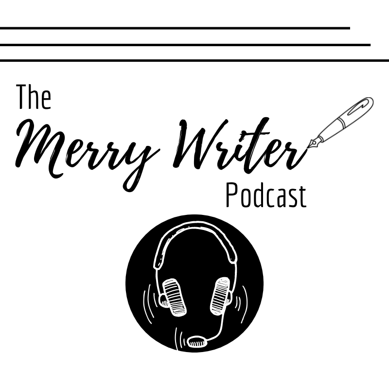 The Merry Writer Podcast Logo. Which consists of the words The Merry Writer Podcast with a pen finishing off the r in writer and an image of headphones and mic in a black circle.