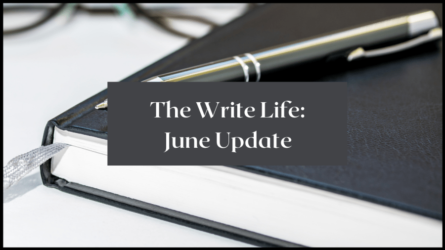 Image of a notepad with a pen resting on top. Text overlay reads The Write Life: June Update