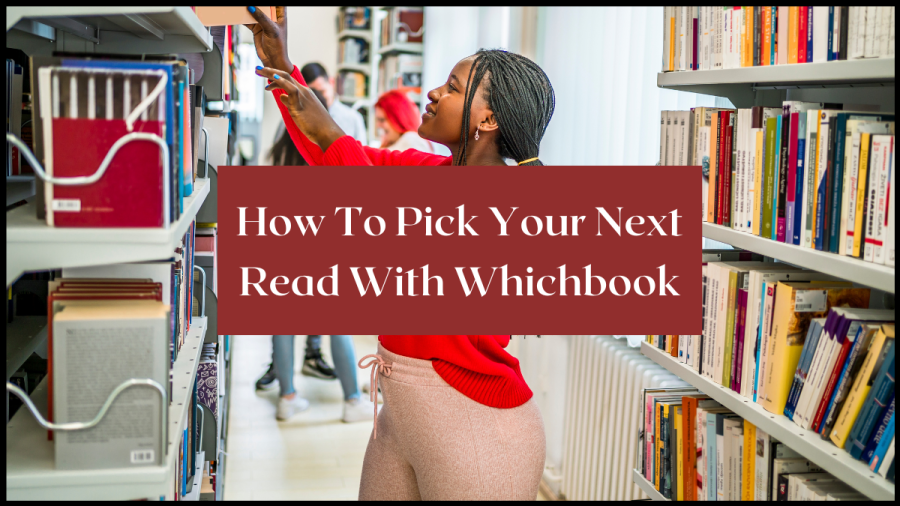 How To Pick Your Next Read With Whichbook. Photo of young woman in red jumper reaching into a bookshelf to remove a book.