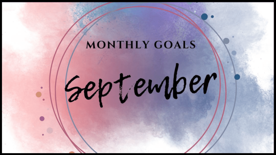 Pink, blue and purple watercolour splatters, coloured rings and text that reads Monthly Goals September