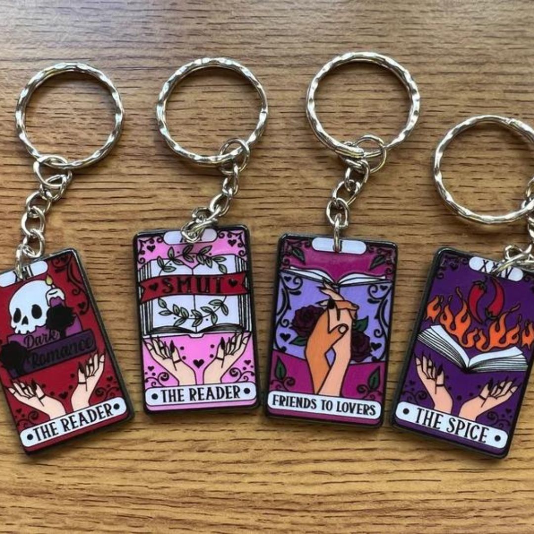 Set of 4 keyrings each connected to writing. Dark Romance Reader. Smut Reader. Friends to Lovers. Spice. Made to look like tarot cards