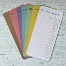 Reading list bookmark, looks like library cards, with a section for title, stard and end date and star rating