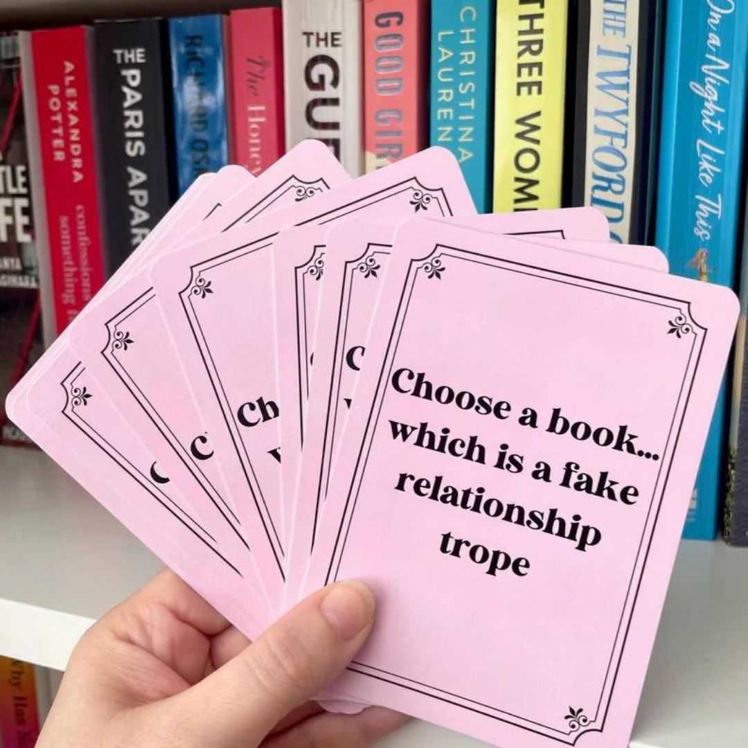 TBR (to be read) prompt cards. Large cards featuring prompts - the one shown reads Choose a book... which is a fake relationship trope