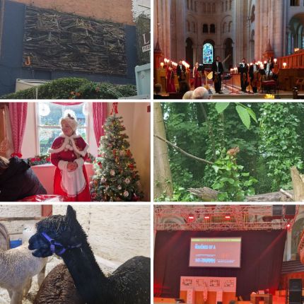 A collection of 6 photos including an artistic artwork of faces made of wood (part of the treasure hunt). Photo of the orchestra, photo of Mrs. Claus. Photo of a young red squirrel we saw.