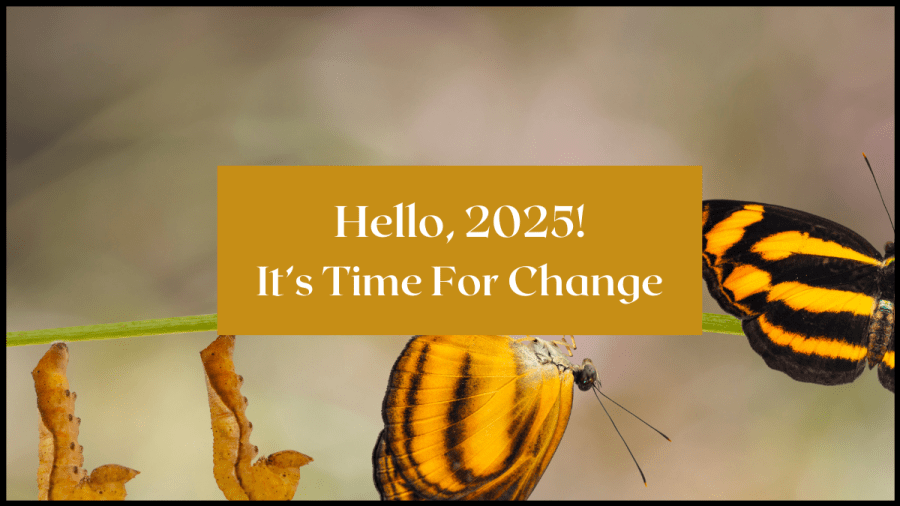 Photo of crysalis and butterflies. Text overlay reads Hello 2025! It's Time For Change