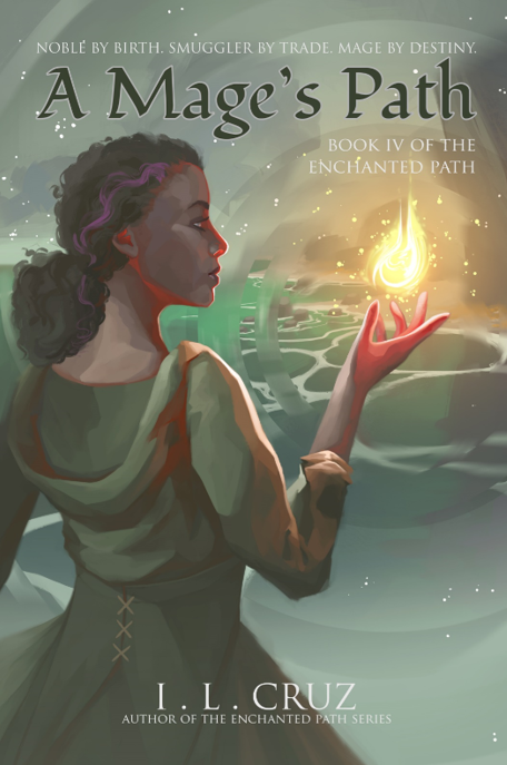 Book cover of A Mage's Path by author I.L. Cruz. Image is of a young woman with curly black hair with a streak of purple. She is wearing a green tunic dress with hood and in her open palm is a dazzle of yellow fire
